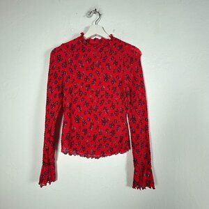 Free People Womens River Long Sleeve Mock Neck Knit Smocked Top XS Red New $78